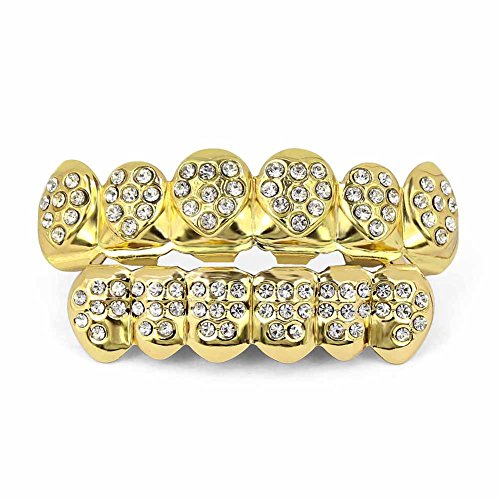 TOPGRILLZ 18K Gold Plated Custom Fit Costume Hip Hop Iced Out Diamond Heart Face Grillz for Your Teeth（Heart