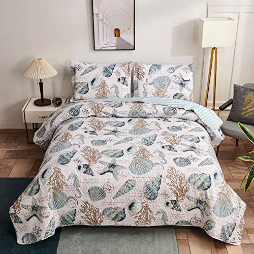 Oliven Coastal Reversible Quilt Set Full/Queen Beach Bedspreads Conch Shell Starfish Coral Seahorse Bed Cover Lightweight Soft Breathable Coverlet Blanket Seaside Cottage Decor-Blue White