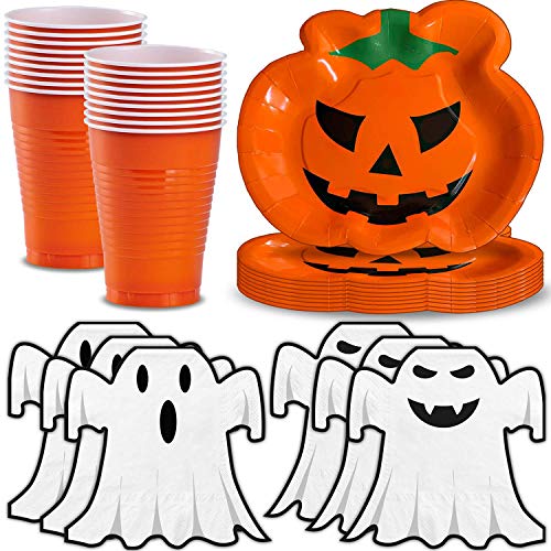 Halloween Party Supplies, 20 Serving - Pumpkin Shaped Plates, Ghost Shaped Napkins, Orange Cups - Disposable Halloween Decorations and Tableware for Parties