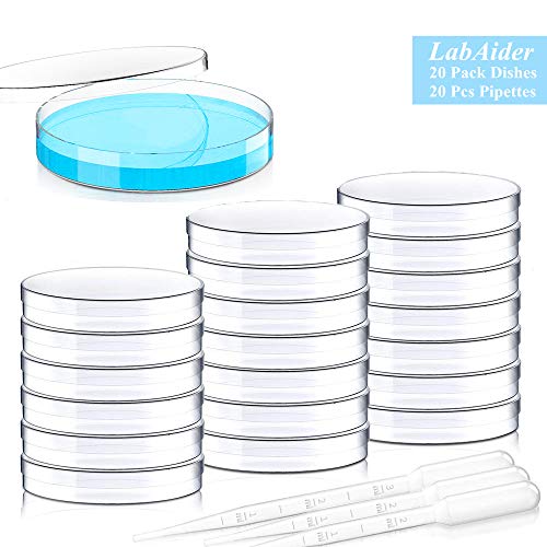 20 Pack Sterile Plastic Petri Dishes with Lid, 90mm Dia x 15mm Deep with 20 Plastic Transfer Pipettes (10Pcs3ml,10Pcs2ml) (90MM)