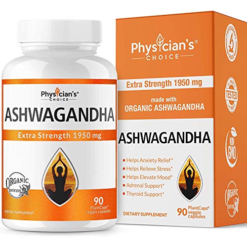 Ashwagandha 1950mg Organic Ashwagandha Root Powder Extract of Black Pepper Anxiety Relief, Thyroid Support, Cortisol & Adrenal Support, Anti Anxiety & Adrenal Fatigue Supplements 90 Veggie Capsules