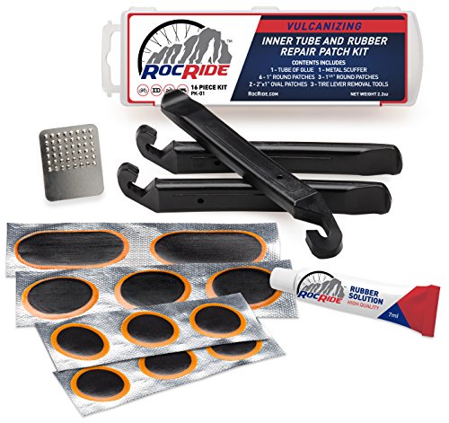 RocRide 16-PC Inner Tube Patch Bicycle Repair Kit. Also for Inflatable Dinghies, ATVs, BMX and Motorcycles.