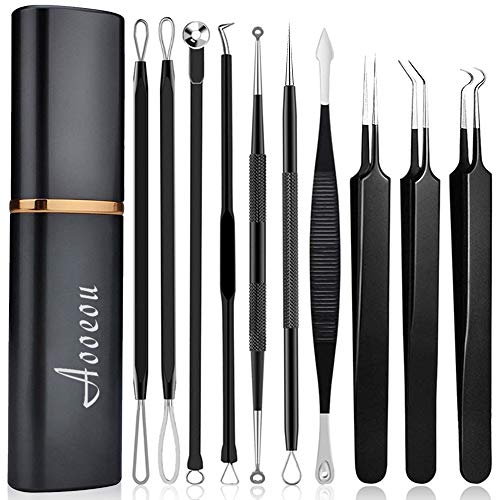 pimple popper tool- Aooeou 10 Pcs Professional Pimple Comedone Extractor Tool Acne Removal Kit -Treatment for Pimples, Blackheads, Blemish, Zit Removing, Forehead and Nose