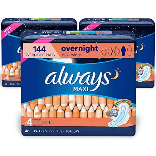 Always Maxi Feminine Pads with Wings for Women, Size 4, Overnight, Unscented, 48 Count - Pack of 3 (144 Count Total)
