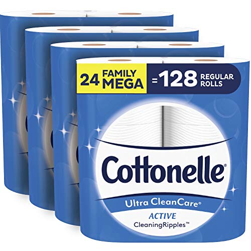 Cottonelle Ultra CleanCare Soft Toilet Paper with Active Cleaning Ripples, 24 Family Mega Rolls, Bath Tissue