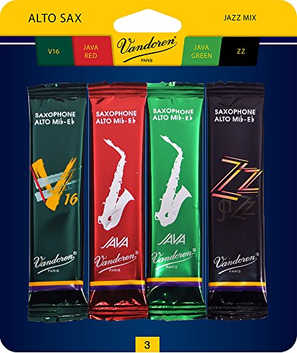 Vandoren SRMIXA3 Alto Sax Jazz Reed Mix Card includes 1 each ZZ, V16, JAVA and JAVA Red Strength 3