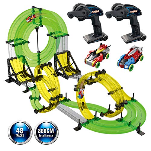 REMOKING Rail Race RC Track Car Toys 860cm Build Your Own 3D Super Track Ultimate Slot Car Playset 2 Cars 2 Remote Controller Party Game Kids Friends