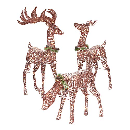 Top Treasures Christmas Reindeer Family 3 Piece Set | Pre-lit Rattan Holiday Deer Includes 52' Buck, 44' Doe 28' Fawn | Lighted Reindeer Christmas Décor Indoor Outdoor | Yard Art Holiday Reindeer