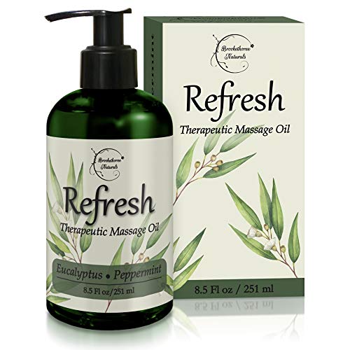 Refresh Massage Oil with Eucalyptus & Peppermint Essential Oils - Great for Massage Therapy. Stress Relief & All Natural Muscle Relaxer. Ideal for Full Body Massage – Nut Free Formula 8.5oz
