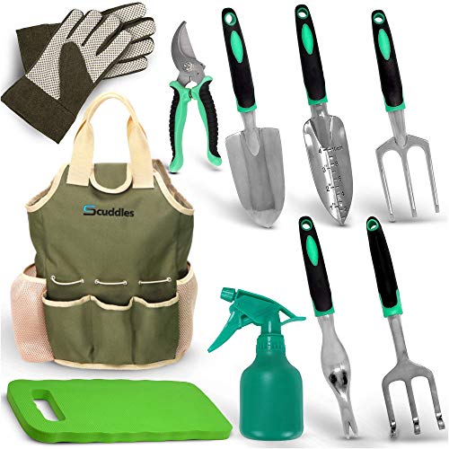 Scuddles | Garden Tools Set | - 11 Piece Heavy Duty Gardening Tools with Storage Organizer, Ergonomic Hand Digging Weeder, Rake, Shovel, Trowel, for Men & Women