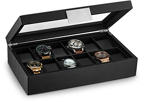 Glenor Co Watch Box for Men - 12 Slot Luxury Carbon Fiber Design Display Case, Large Holder, Metal Buckle - Black