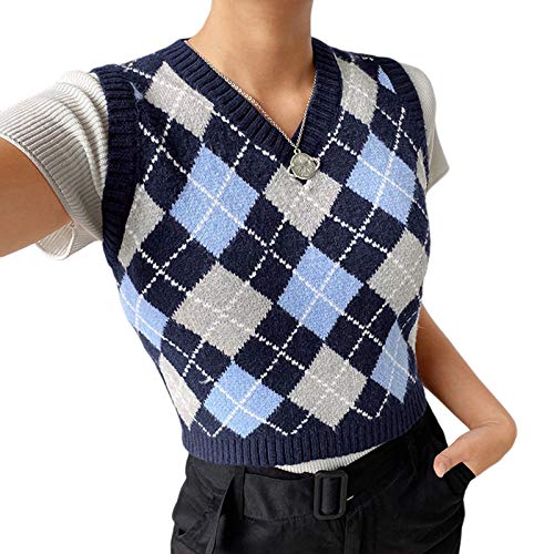 Women Streetwear Preppy Style Knitwear Tank Top V Neck Argyle Plaid Knitted Sweater Vest (Indigo/Blue/Grey-Checkered,Small)