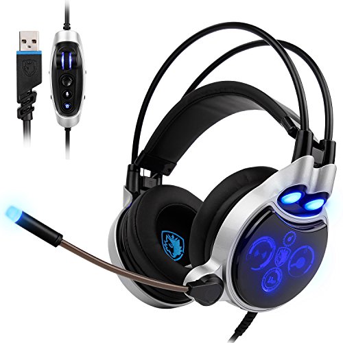 SADES SA908 USB Gaming Headset for PC, 7.1 Surround Sound Computer Gaming Headphones, PC Headset with Noise Canceling Mic Volume Control LED Light for PC Mac Laptop(Black)