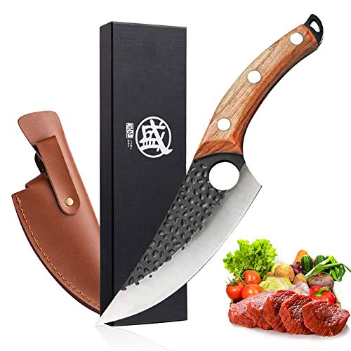 Meat Cleaver Knife Hand Forged Boning Knife with Sheath Butcher Knives High Carbon Steel Fillet Knife Vegetable Chef Knives for Kitchen, Camping, BBQ