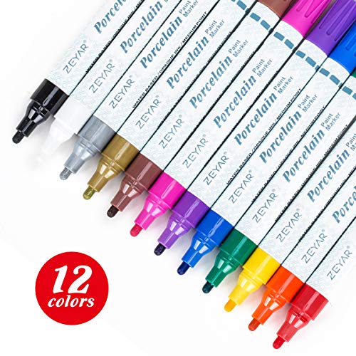 ZEYAR Acrylic Paint Pens for Porcelain use, Professional Ceramic painting, 12 colors Water-based, Medium Point, Water and Fade Resistant, DIY on Mugs and other Ceramics for Permanent Collection