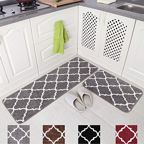 Carvapet 2 Pieces Microfiber Moroccan Trellis Non-Slip Soft Kitchen Mat Bath Rug Doormat Runner Carpet Set, 17'x48'+17'x24', Grey