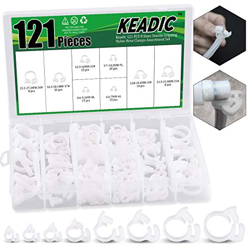 Keadic 121-Pcs Heavy Duty Snap Grip Hose Clamps 8 Kinds White Double Gripping Nylon Hose Clamps Assortment Kit - White