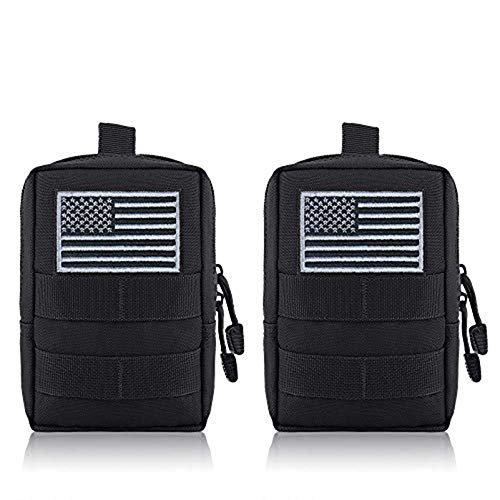 FUNANASUN MOLLE Pouches - 2 Pack Tactical Compact Pack Water-Resistant Utility EDC Pouch Small Black with US Flag Patch(Black)