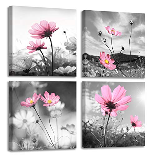 Pink Flower Wall Art for Women Girls Bedroom Peacock Flower Abstract Canvas Painting Artistic Black and White Prints Picture Decor for Living Room 14x14'