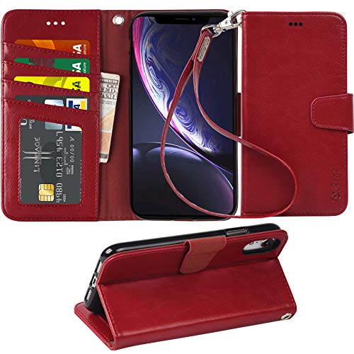 Arae Wallet Case for iPhone XR PU Leather flip case Cover [Stand Feature] with Wrist Strap and [4-Slots] ID&Credit Cards Pocket for iPhone XR 6.1 inch (Wine red)