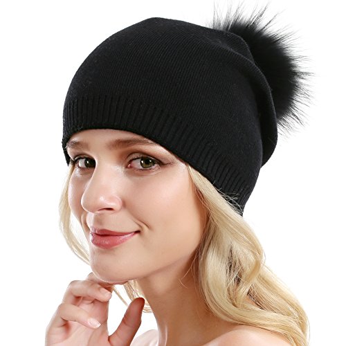 Women Knit Wool Beanie - Winter Solid Cashmere Ski Hats Real Raccoon Fur Pom Pom (All Black)