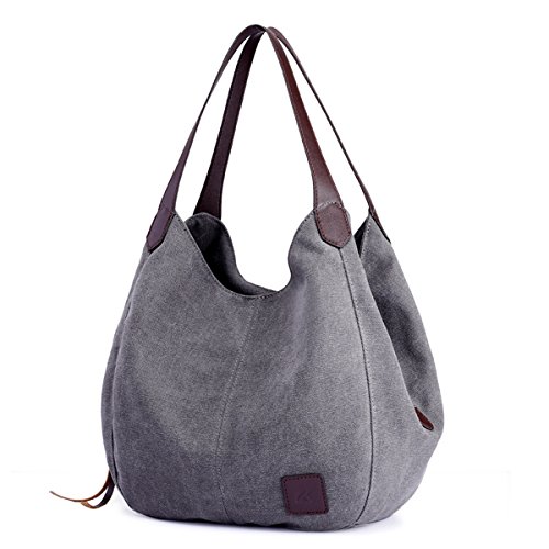 DOURR Women's Multi-pocket Shoulder Bag Fashion Cotton Canvas Handbag Tote Purse (Gray)