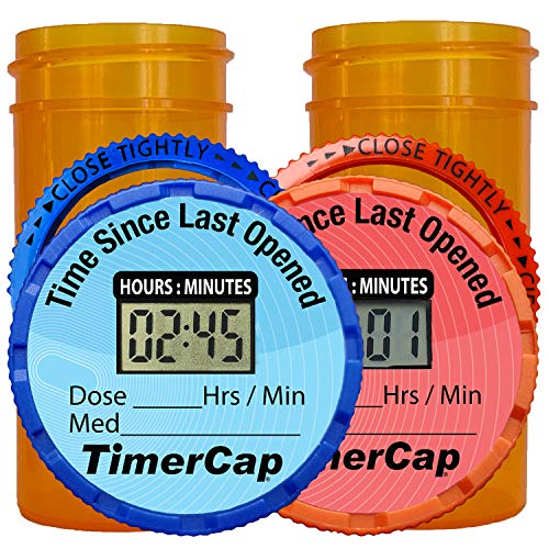 TimerCap Automatically Displays Time Since Last Opened - Built-in Stopwatch Smart Pill Bottle Cap Medication Reminder Case (Qty 2 - Standard 1.8 oz White Opaque Bottles) EZ -Twist/CRC