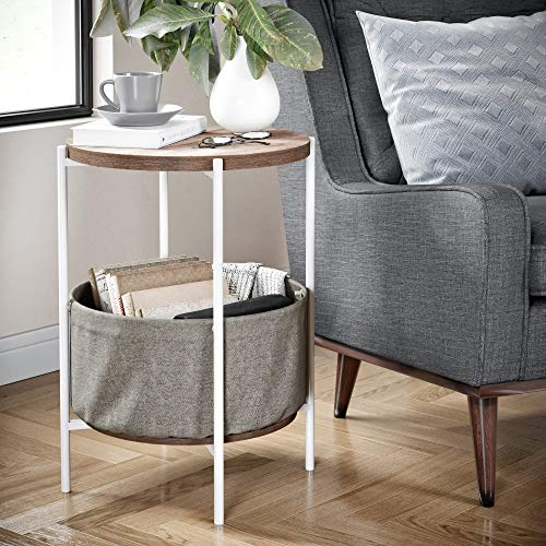 Nathan James Oraa Round Wood Side Table with Fabric Storage, Light Brown/White