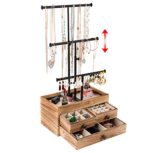 X-cosrack Jewelry Tree Stand Organizer 3 Tier Metal Jewelry Holder Stand with Wood Basic Storage Box, Adjustable Height Holder Display for Necklaces Earrings Bracelets and Rings, Carbonized Black