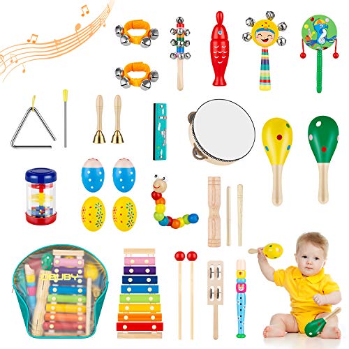 Obuby Kids Musical Instruments Sets 17 Types 23 pcs Percussion Instruments for Toddler Preschool Educational Wooden Toys with Storage Bag for Kids Baby Babies Children Boys and Girls