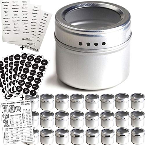 24 Magnetic Spice Tins & 2 Types of Spice Labels, Authentic by Talented Kitchen. 24 Storage Spice Containers, Window Top w/Sift-Pour. 113 Clear & 126 Chalkboard Stickers. Rack Magnetic On Refrigerator