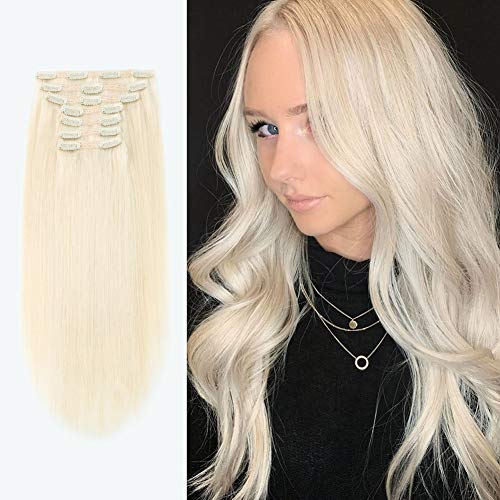 Sixstarhair Ash Blonde Clip On Hair Extensions Grade 9A Remy Virgin Human Hair 160g Luxury Clip In Hair Extensions 7 Pieces of Clip Ins For Full Head [Color 60 Ash Blonde 22inch]