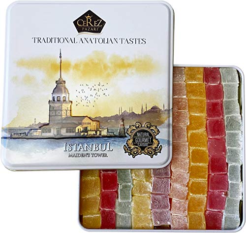 Cerez Pazari Turkish Delight with Mint, Rose, Pineapple, Mango, Melon, Raspberry Mix Flavors (No Nuts) Luxury Lokum Candy Dessert Gourmet Metal Box Approx. 90 Pcs 2.2Lbs