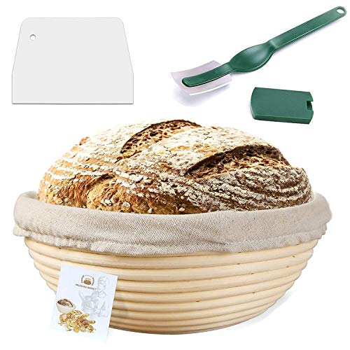 9 Inch Proofing Basket,WERTIOO Bread Proofing Basket + Bread Lame +Dough Scraper+ Linen Liner Cloth for Professional & Home Bakers