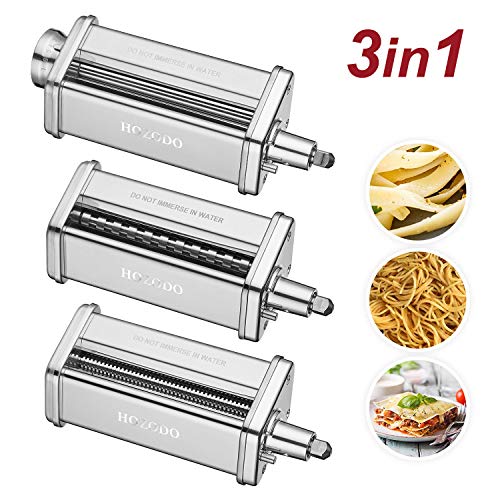 Pasta Maker Attachments Set fits KitchenAid Stand Mixers,with 1 Roller 2 Cutter Stainless Steel Accessory by Hozodo