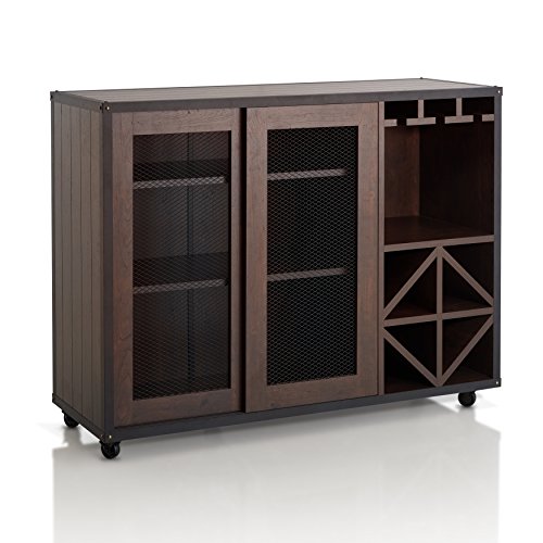 ioHOMES Sallos Contemporary Sliding Door Multi Storage Buffet with Wine Rack and Caster Wheels, Vintage Walnut