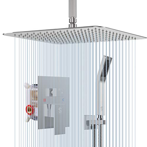 SR SUN RISE 12 Inches Brushed Nickel Shower System Bathroom Luxury Rain Mixer Shower Combo Set Ceiling Mounted Rainfall Shower Head Faucet (Contain Shower Faucet Rough-In Valve Body and Trim)