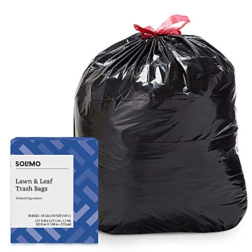 Amazon Brand - Solimo Lawn & Leaf Drawstring Trash Bags, 39 Gallon, 40 Count
