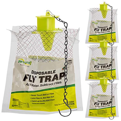 SEWANTA Outdoor Disposable Hanging Fly Traps [Set of 4] Rescue! Non-Toxic Fly Traps, Solution for Outdoor Fly Problem - USA Made, Bundled with 4 Hanging Chains