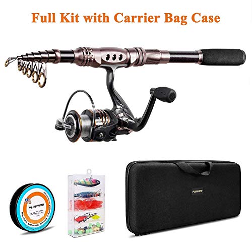 PLUSINNO Fishing Rod and Reel Combos Carbon Fiber Telescopic Fishing Rod with Reel Combo Sea Saltwater Freshwater Kit Fishing Rod Kit (Full Kit with Carrier Case, 2.7M 8.86FT)