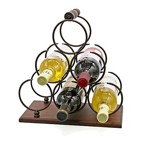 Countertop Wine Rack, Tabletop Wood Wine Holder for 6 Bottles, 3-Tier Rustic Classic Design, Sturdy Handle, Simple Assembly, Wood & Metal (Copper)