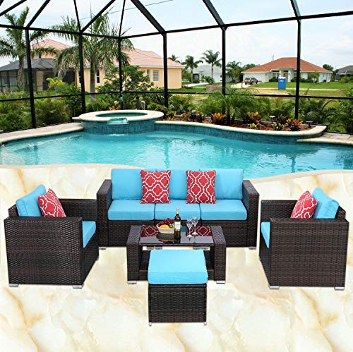 HTTH 7 Pieces Outdoor Patio Rattan Sofa Wicker Sets with Washable Cushions Conversation Garden Furniture Coffee Table Backyard (Turquoise)