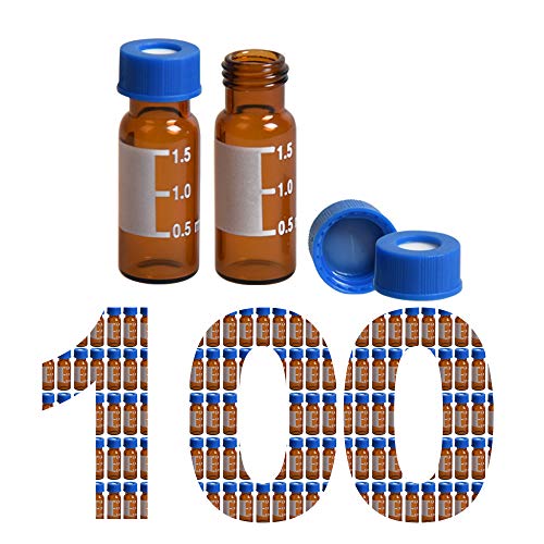 100 Pack Membrane Solutions Autosampler Vials 2ml HPLC Vials 9-425 Vial Amber Glass Bottles with Write-on Spot and Graduations and 9mm Blue ABS Screw Caps & Pre-Slit Septa