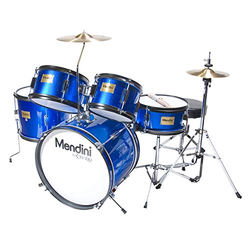 Mendini by Cecilio 16 inch 5-Piece Complete Kids/Junior Drum Set with Adjustable Throne, Cymbal, Pedal & Drumsticks, Metallic Blue, MJDS-5-BL