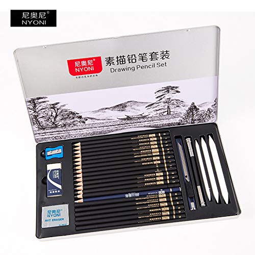 NYONI Art Kit Sketch Pencil Set Drawing Painting Tools Iron Box Packing Artistic Materials Pencils Rubber Pencil Charcoal Pencils Paper Brushes Double-Ended Extender Art Knife Eraser 29pieces per Set