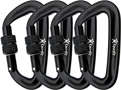 Favofit Locking Carabiner Clips, 4 Pack, 12KN (2697 lbs Each) Heavy Duty Caribeaners for Camping, Hiking, Outdoor & Gym etc, Small Carabiners for Dog Leash & Harness, Black