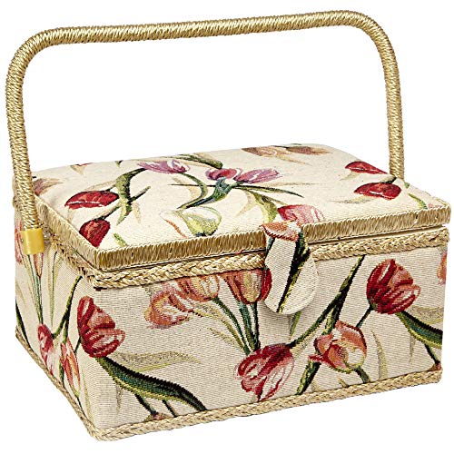 Sewing Basket with Tulip Floral Print Design- Sewing Kit Storage Box with Removable Tray, Built-in Pin Cushion and Interior Pocket - Large - 12' x 9' x 6' - by Adolfo Design