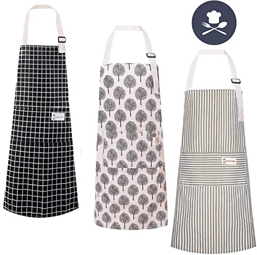 3 Pack Cotton Linen Cooking Aprons with Pocket Adjustable Kitchen Apron Soft Chef Aprons for Women and Men Cooking or Baking