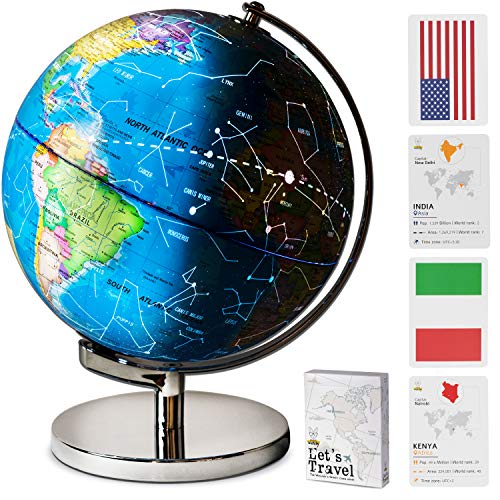 Children Illuminated Spinning World Globe with Stand Plus a Bonus Card Game. 3 in 1 Interactive Educational Desktop Earth Globe for Kids|LED Night Light Lamp, Political Map and Constellation View.