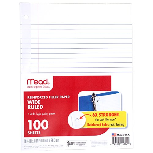 Mead Loose Leaf Paper, Filler Paper, Reinforced, Wide Ruled, 100 Sheets, 10-1/2 x 8 inches, 3 Hole Punched, 1 Pack (15006)